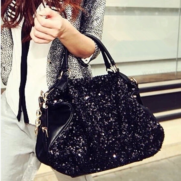 Black Women&#39;s Bling Sequins  Leather Tote