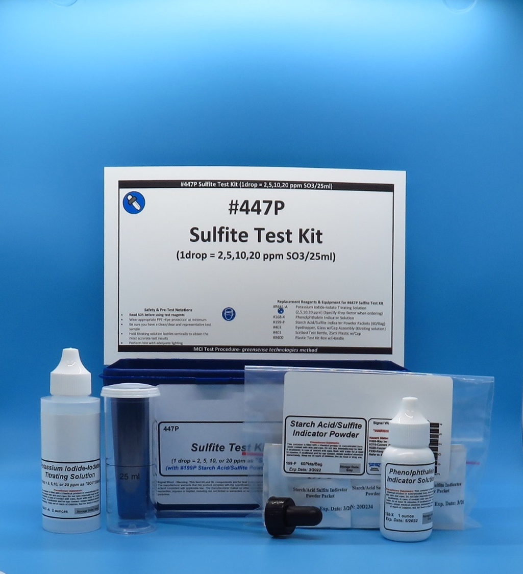 Sulfite Test Kit (w/Sulfite Indicator Single Dose Packets), Eyedropper Dispenser
