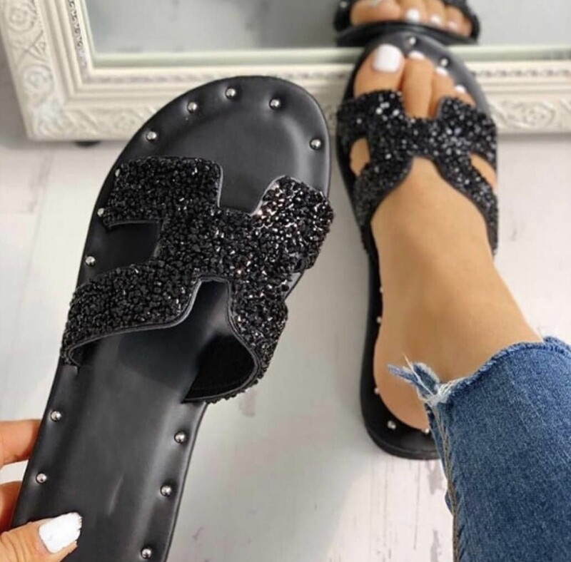 Black crystal slip-ons