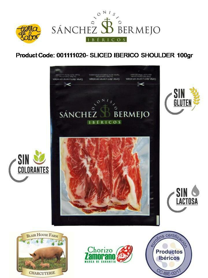 SLICED IBERICO CEBO SHOULDER 100g x 15No per Case x 48No Case per Pallet - Order Qty is by Case - by Pallet Load - Mixed Pallets Available.