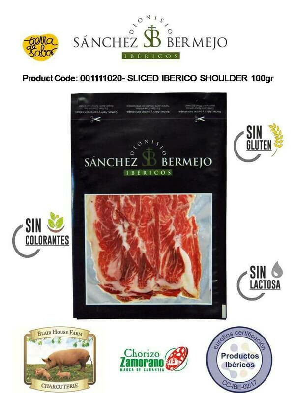 SLICED IBERICO CEBO SHOULDER 100g x 15No per Case x 48No Case per Pallet - Order Qty is by Case - by Pallet Load - Mixed Pallets Available.