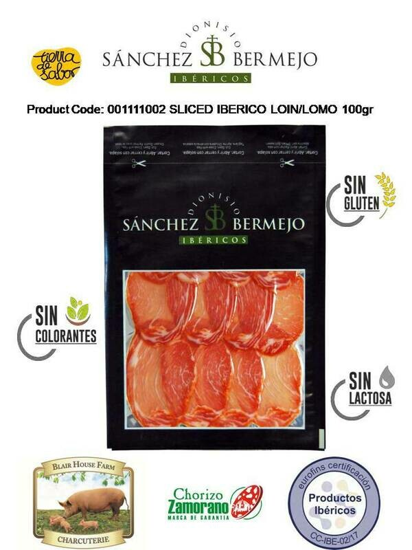 SLICED LOMO IBERICO CEBO 100g x 15No per Case x 48No Case per Pallet - Order Qty is by Case - by Pallet Load - Mixed Pallets Available.