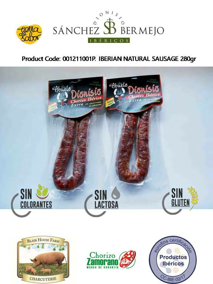 Sánchez Bermejo Ibericos: Chorizo Abuelo (Grandfather Recipe) Dionisio Iberico Natural 280g x 25No per Case