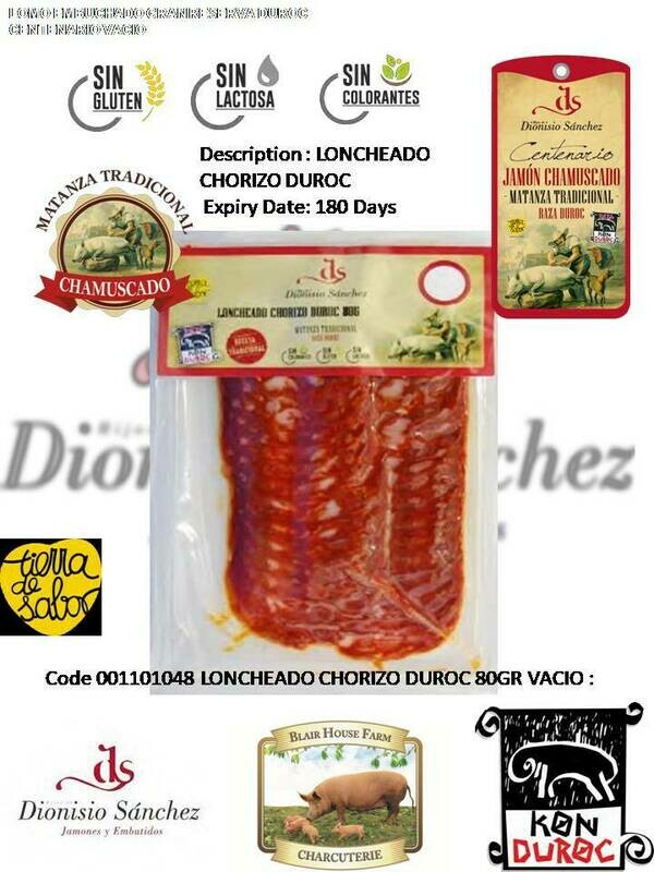 SLICED CHORIZO DUROC 80g x 25No per Case x 48No Case per Pallet - Order Qty is by Case - by Pallet Load - Mixed Pallets Available.
