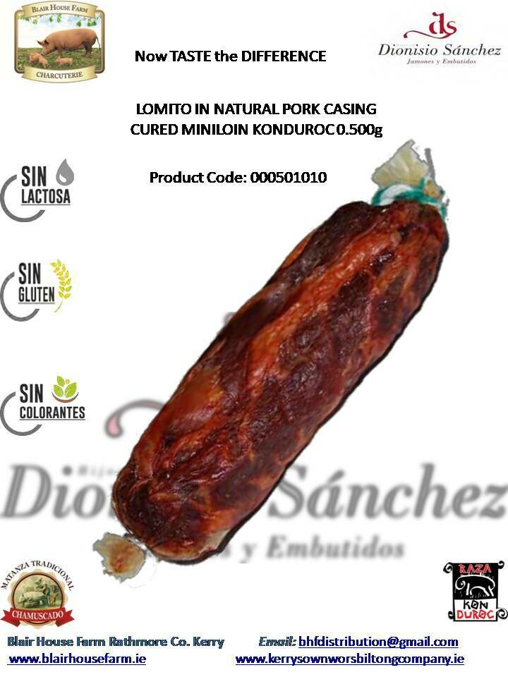 LOMITO EMBUCHADO - CURED MINI LOIN KONDUROC in Natural Pork Casing - 500g x 7No Unit per Case: x 56No Case per Pallet: - Order Qty is by Case - Mixed Pallet Available