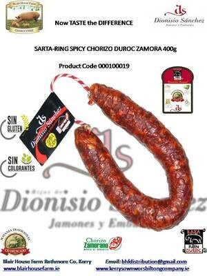 SARTA-RING SPICY CHORIZO DUROC ZAMORA 400g x 15No Unit per Case: x 56No Case per Pallet: - Order Qty is by Case - by Pallet Load - Mixed Pallets Available.