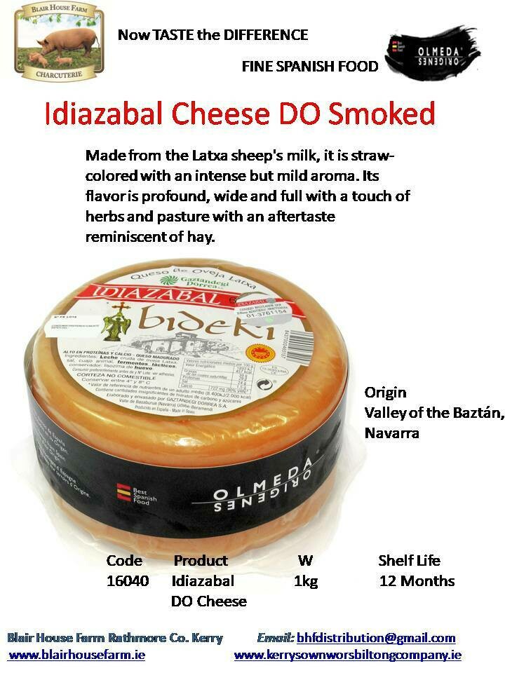 Idiazabal Sheeps Cheese DO Smoked 1kg x 6No per Case x 10No Case per Pallet - Order Qty is by Case. Mixed Pallets Available.