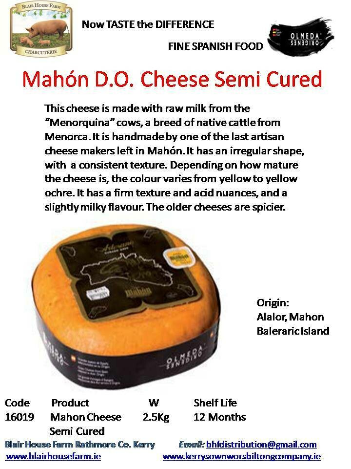 Mahón D.O. Semi Cured Raw Cows Milk Cheese 2.5kg x 2No per Case x 10No Case per Pallet - Order Qty is by Case. Mixed Pallets Available.