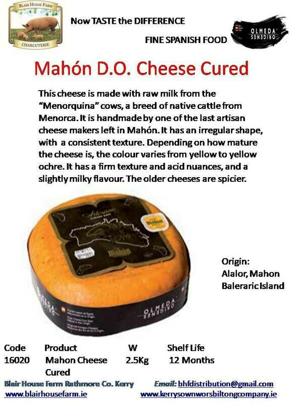 Mahón D.O. Cured Raw Cows Milk Cheese - 2.5kg x 2No per Case x 10No Case per Pallet - Order Qty is by Case. Mixed Pallets Available.