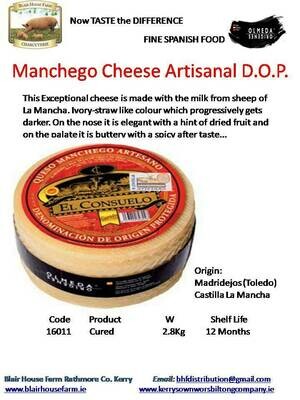 Manchego Cured Sheeps Milk Cheese Artisanal D.O.P - 2.8kg x 4No per Case x 20No Case per Pallet - Order Qty is by Case. Mixed Pallets Available. Manchego Cured Sheeps Milk Cheese Artisanal D.O.P - 2.8kg x 4No per Case x 20No Case per Pallet - Order Qty is by Case. Mixed Pallets Available.