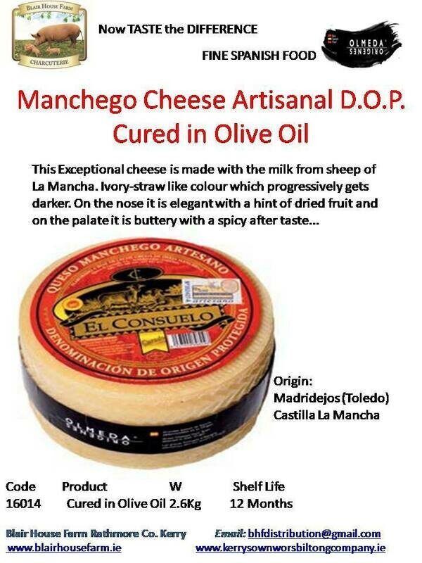 Manchego Cured Sheeps Cheese in Olive Oil Artisanal D.O.P 2.6kg x 4No per Case x 10No Case per Pallet - Order Qty is by Case. Mixed Pallets Available.