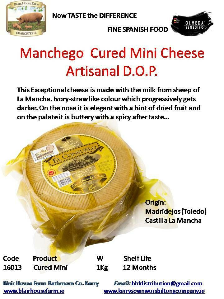 Manchego Cured Mini Sheeps Cheese Artisanal D.O.P 1kg x 9No per Case x 10No Case per Pallet - Order Qty is by Case. Mixed Pallets Available.
