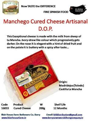 Manchego Cured Sheeps Cheese Artisanal D.O.P 200g x 24No per Case x 20No Case per Pallet - Order Qty is by Case. Mixed Pallets Available.