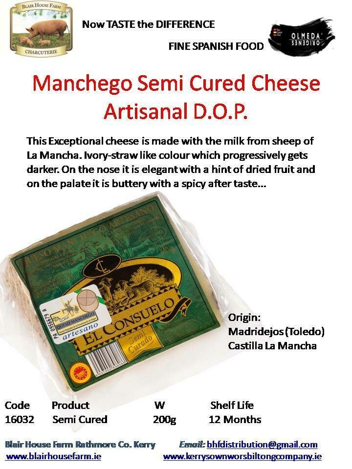 Manchego Semi Cured Sheeps Cheese Artisanal D.O.P 200g x 24No per Case x 20No Case per Pallet - Order Qty is by Case. Mixed Pallets Available.