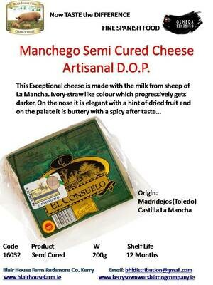 Manchego Semi Cured Sheeps Cheese Artisanal D.O.P 200g x 24No per Case x 20No Case per Pallet - Order Qty is by Case. Mixed Pallets Available.