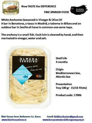 Olmeda Origenes WHITE ANCHOVIES SEASONED in VINAGAR &amp; OLIVE OIL x 100g