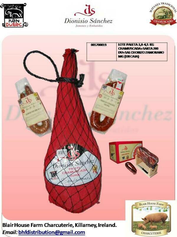 Dionisio Sánchez: Gift Pack - Shoulder 3.8-4.5kg + 14 Months + Sarta Ring Sweet or Spicy 280g + Zamorano MG Chorizo 280g