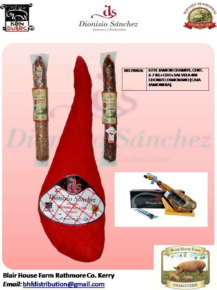 Dionisio Sánchez: Ham Pack - Jamon - Centenario - Chamuscado (6-7kg) +18 Months + Zamorano Chorizo Tube x 400g + Salami Tube x 400g in Dionisio Sánchez Ham Box