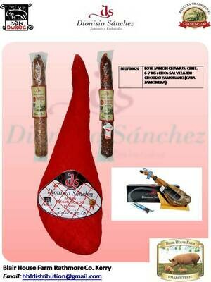 Dionisio Sánchez: Gift Pack - Jamon - Centenario - Chamuscado (6-7kg) +18 Months + Zamorano Chorizo (400g) + Salami Candle (400g) in Dionisio Sánchez Ham Box.