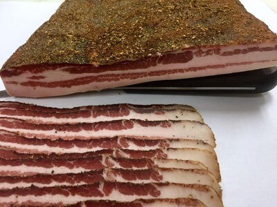 BLAIR HOUSE FARM - TRADITIONAL OLD STYLE - DRY CURED - SCHWARZWALD SPECK - BLACK FORREST - RIND ON - STREAKY BACON JOINT - COLD SMOKED WITH BEECH WOOD x 0.250g