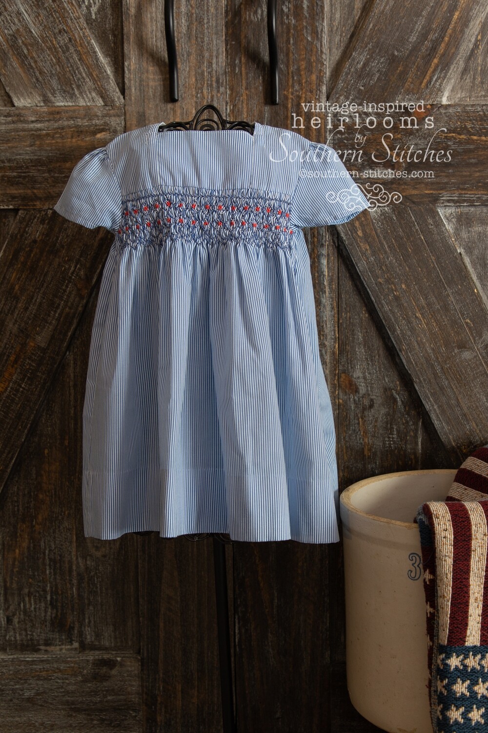 Vintage Blue Stripe Polly Flinders Smocked Dress
