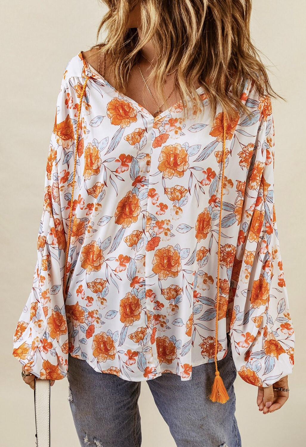 Rust Printed Tassel Floral Top