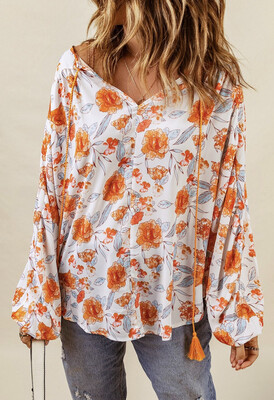 Rust Printed Tassel Floral Top