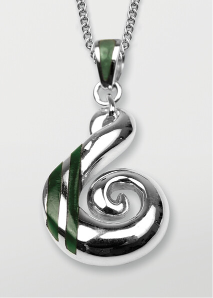 Moko Pounamu 2 Stripe Koru Greenstone and Sterling Silver  Pendant 68JP