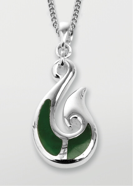 Moko Pounamu 2 Stone Hei Matau - Hook Greenstone and Sterling Silver  Pendant - 39JP