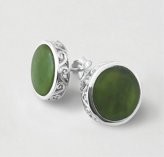 Moko Pounamu NZ Genuine Greenstone and Silver Double Koru Filigree Stud Earring Large - KER1L