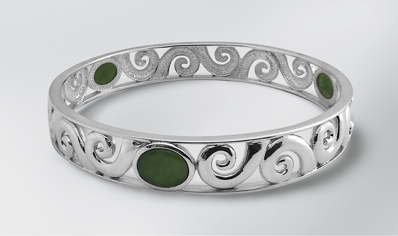 Moko Pounamu Greenstone and Silver Double Koru Filigree Bangle Small - KB1S