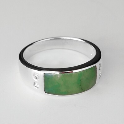 Greenstone and Silver Rectangular with White Sapphire Ring - InlayEJ