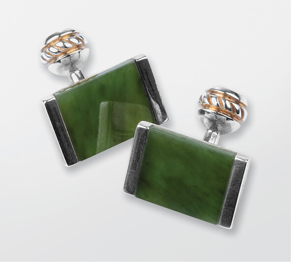 Moko Pounamu Greenstone and Silver Rectangular Cufflinks - CL2 REC