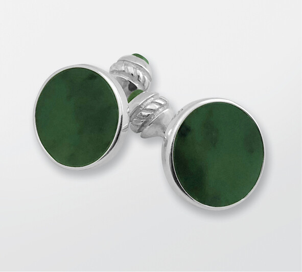 Moko Pounamu Greenstone and Silver Round Cufflinks lrg - KRCLL