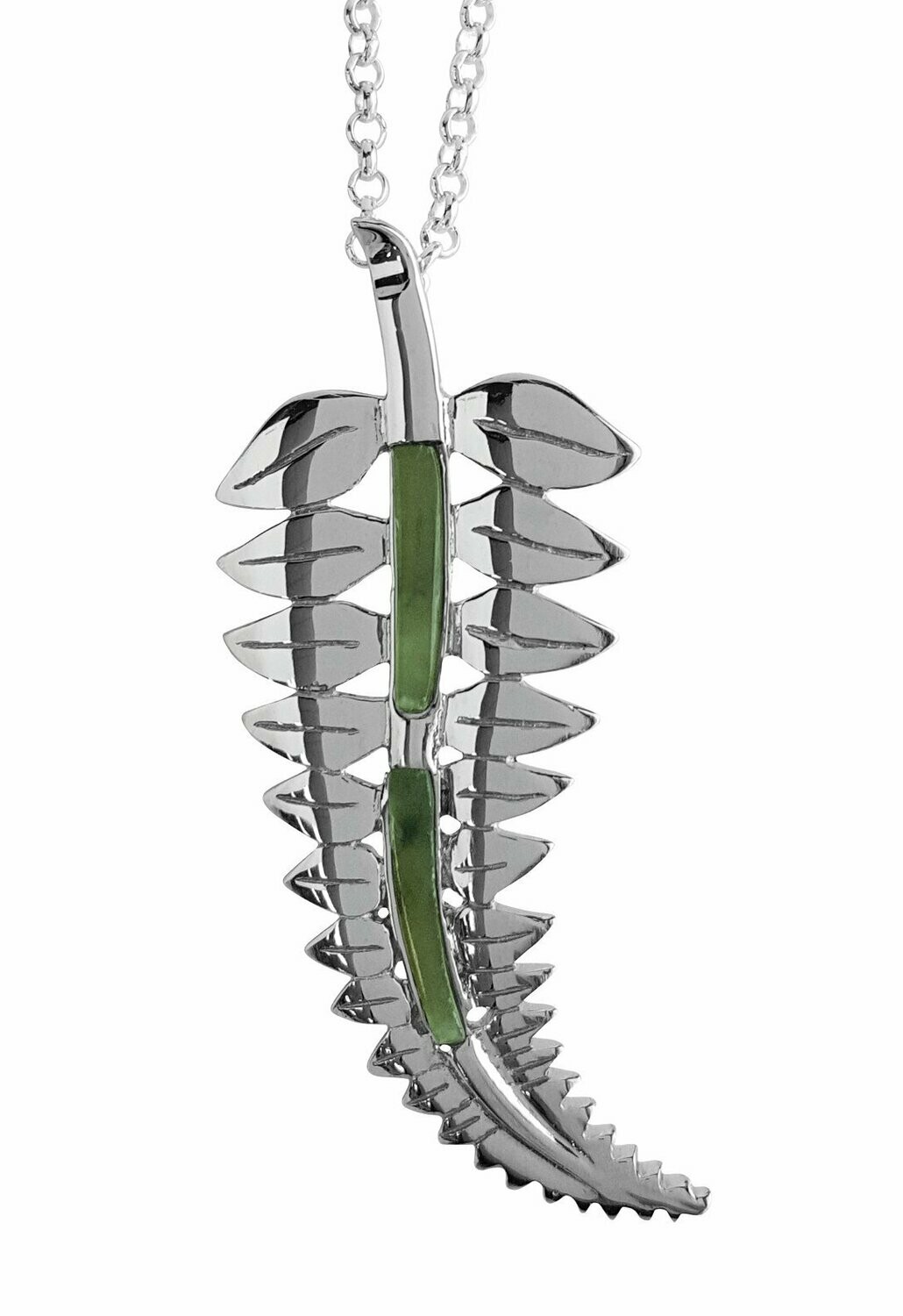 Moko Pounamu Greenstone & Sterling Silver Fern Pendant Lrg- 102JP
