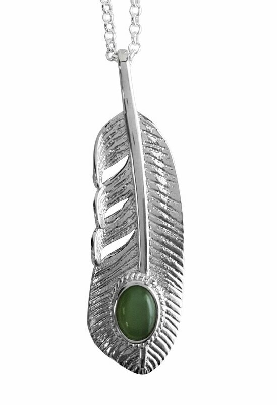 Greenstone Cab Bottom Sterling Silver Feather Pendant - PG18-2
