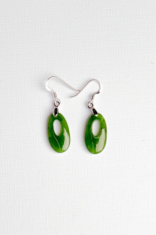 Moko Pounamu NZ Genuine Greenstone and Silver Oval Drop Earrings