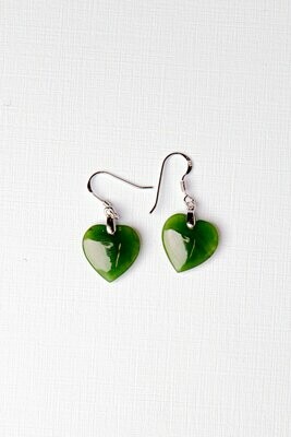 Moko Pounamu Heart Drop NZ Genuine Greenstone and Silver  Earrings HE57