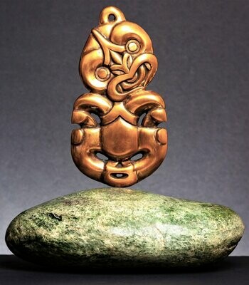 Greenstone Tiki Bronze sculpture on Genuine water worn Auhunga stone - Iwitahi