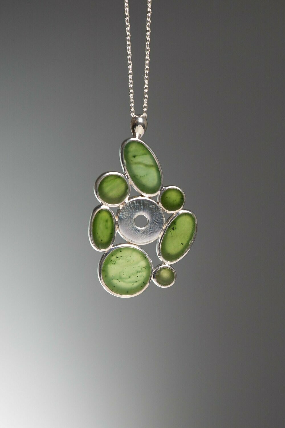 Moko Pounamu Contemporary 7 stone Greenstone and Sterling Silver Pendant - SALE