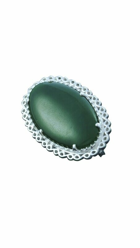 Moko Pounamu Filigree Brooch Oval Greenstone and Sterling Silver   - AMB1S