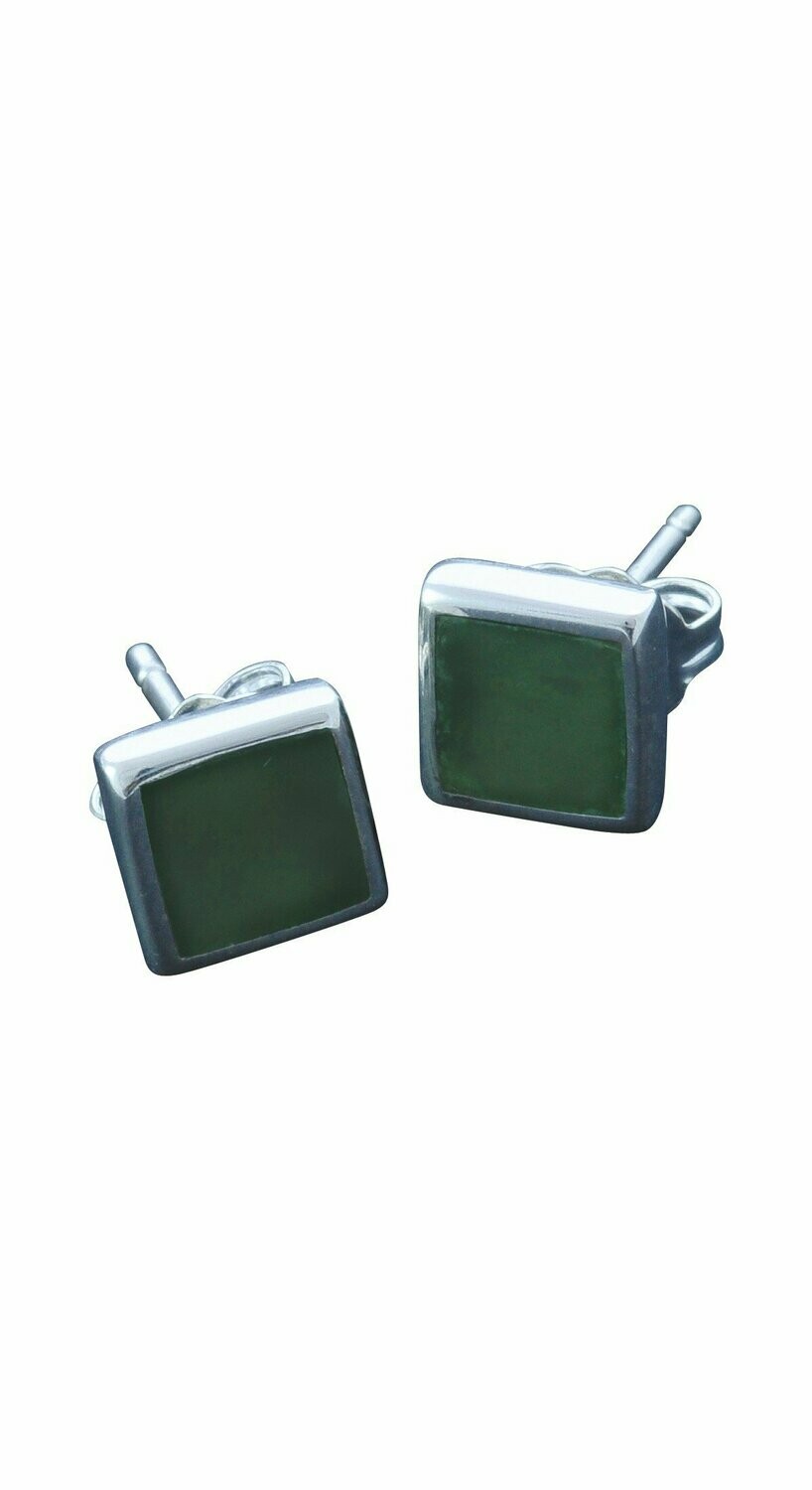 Moko Pounamu NZ Genuine Greenstone and Sterling Silver 5mm Square Stud Earrings - ES1S