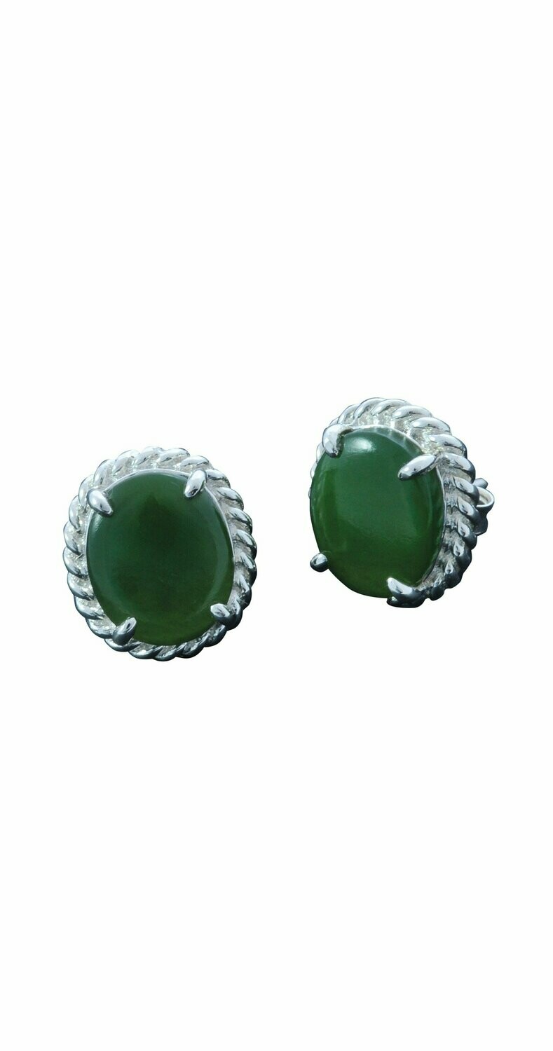 Moko Pounamu Greenstone & Sterling Silver Oval Rope Detail Stud Earrings - ES7S