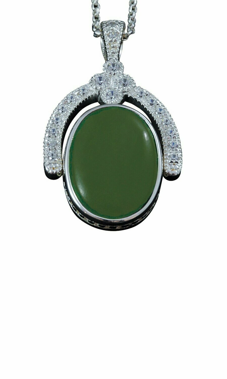 Moko Pounamu NZ Genuine Greenstone, Black Jade  and Silver with White Sapphire Pendant Lrg - P37S