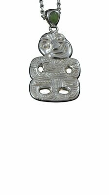 Moko Pounamu NZ Genuine Greenstone and Sterling Silver Tiki Pendant - T1S