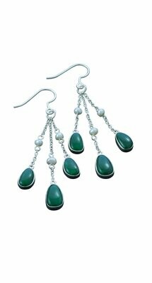 Greenstone and Silver 3 Stone Dangle with Pearls Earrings - ES9S