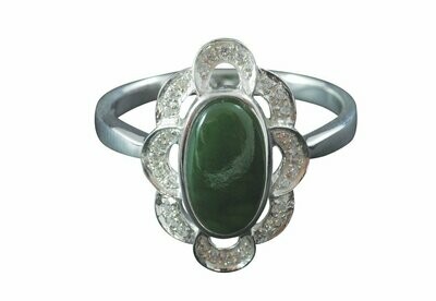 Greenstone and Silver w White Sapphire Oval Ring - AM10RS