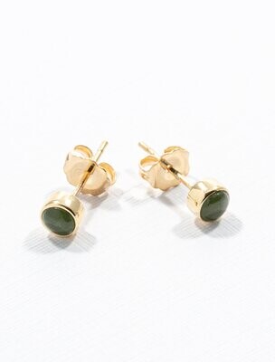 Moko Pounamu Round NZ Genuine Greenstone & 9ct Gold Stud Earrings Sml
