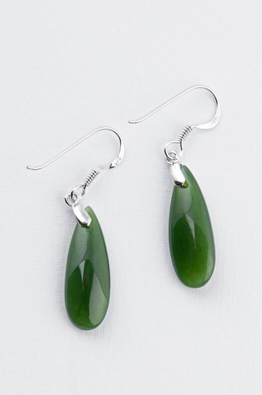 Moko Pounamu NZ Genuine Greenstone and Silver Long Teardrop  Earrings 03237