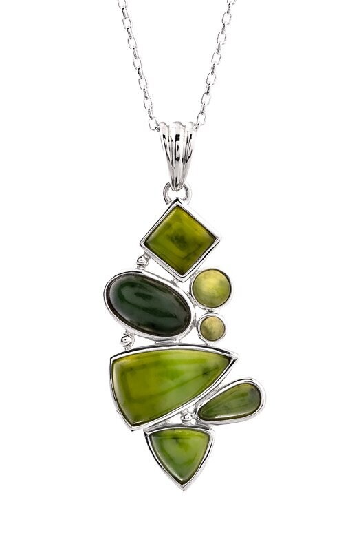Moko Pounamu Contemporary 7 stone Greenstone and Sterling Silver Pendant - 104JP - SALE